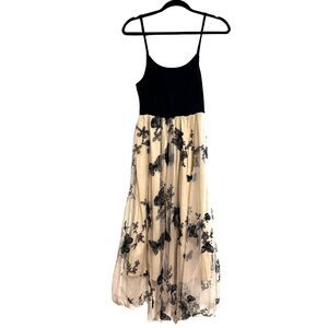 Black Beige Lace Butterfly Midi Dress Spaghetti Strap Fairycore Cottagecore Sz L